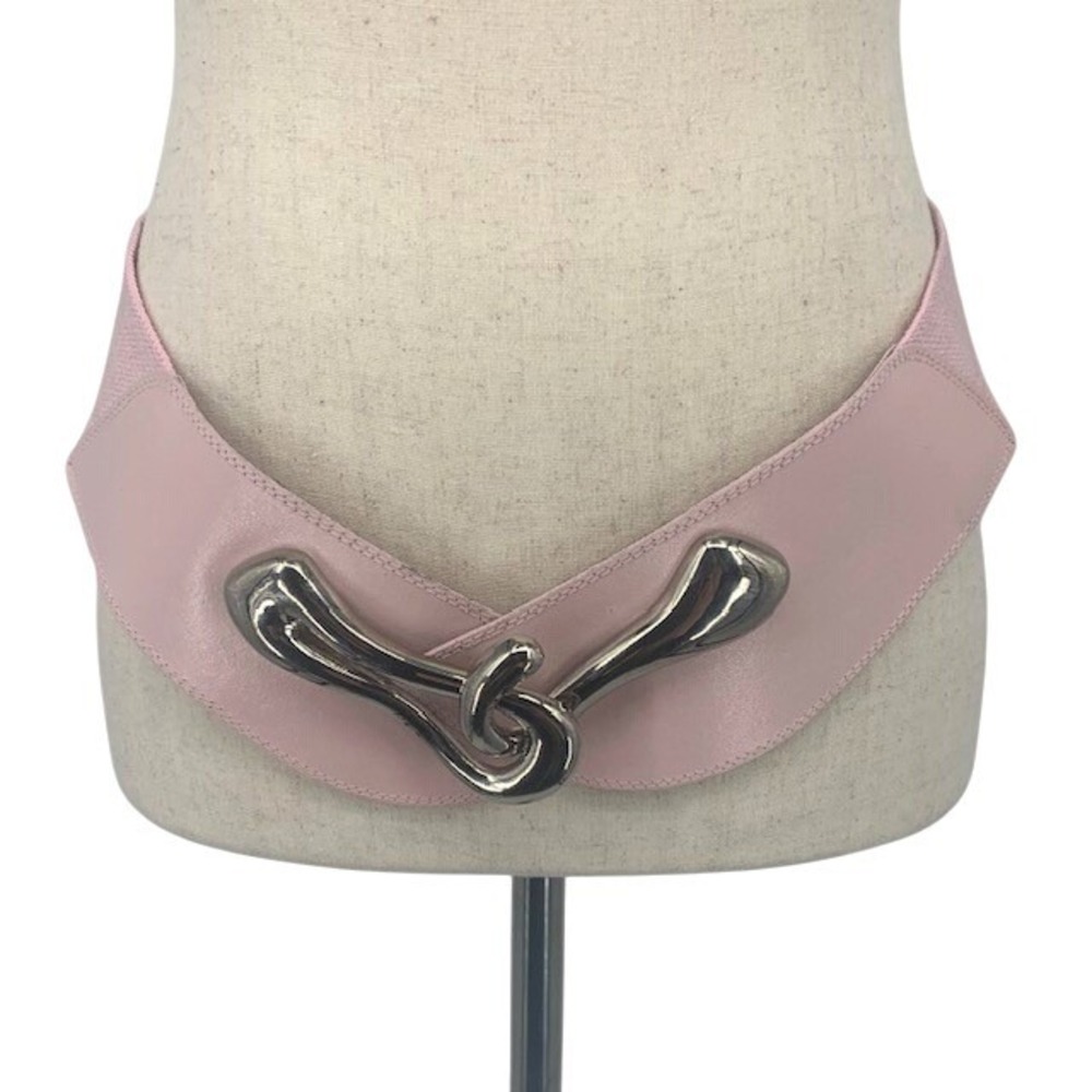 Y2K Pink Wide Stretch Belt M/L Silver Statement Buckle Retro Mod Cinch Waist